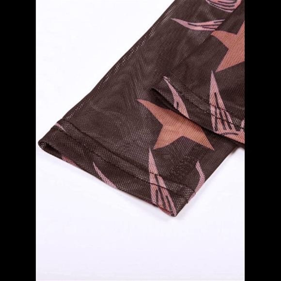 Women's Long Sleeve Crewneck Moon Sun & Stars Print Sexy Sheer Mesh Crop Top - Picture 4 of 6